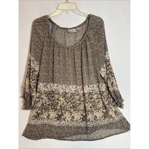 Avenue Brown Mixed Mosaic Floral Print Sheer Peasant Blouse Top Plus Size 14/16